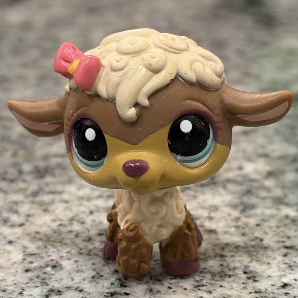 RARE 2007 Hasbro Littlest Pet Shop LPS Brown Lamb 1697 Pink Bow Authentic Woolma